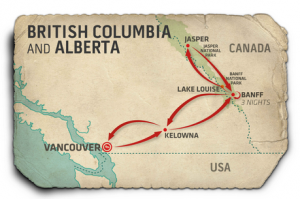 A vintage-style map showing a travel route through British Columbia and Alberta in Canada. The map highlights key locations including Vancouver, Kelowna, Lake Louise, Jasper, and Banff. Red arrows indicate the travel path starting from Vancouver, moving to Kelowna, then to Lake Louise, Jasper, and finally Banff, where a note indicates a 3-night stay. The map also shows the borders with the USA.