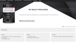 The image shows a webpage for Air Canada Altitude members, specifically the "My Select Privileges" section. At the top left, there is an image of an Air Canada Altitude 100K card. The main heading reads "MY SELECT PRIVILEGES" with a subheading that says, "Nice choice. Excited to take advantage of your new Select Privileges? We don't blame you." Below this, there is a button labeled "Make your choice or review your status."

The page is divided into three bundles of privileges:

- Bundle 1: 100% Altitude Bonus Miles for Air Canada and select airline partners.
- Bundle 2: 5 eUpgrade Credits, 2 Maple Leaf Lounge Guest Passes, and 20 eUpgrade Credits for eligible flight rewards.
- Bundle 3: 50 eUpgrade Credits for eligible flight rewards.

There is also a link at the bottom right that says "Print this page for your records."