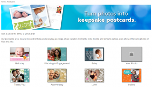 The image is a screenshot of a website offering services to create keepsake postcards from photos. The top section features a banner with the text "Turn photos into keepsake postcards" and images of sample postcards, including one with a baby and another with a "Welcome" message. Below the banner, there is a description that reads, "Out of a picture? Send a postcard! Our postcards are a fun way to send birthday and everyday greetings, share vacation moments, invite friends and family to parties, even show off favorite photos of kids and pets."

The lower section of the image displays various categories of postcards with corresponding images:
- Birthday
- Wedding & Engagement
- Baby
- Your Photo (with a lock icon)
- Thank You
- Anniversary
- Love
- Travels